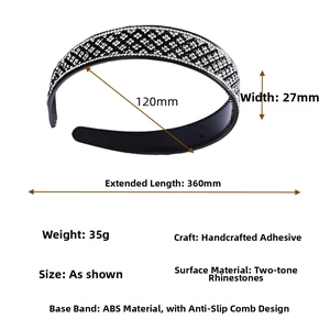 Detailed dimensions of rhinestone headband with 27mm width and anti-slip ABS inner comb