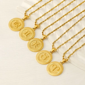 Golden 18K stainless steel zodiac pendant necklaces with twisted rope chains for women