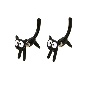 Cute black cat stud earrings with enamel finish and creative detachable design for women