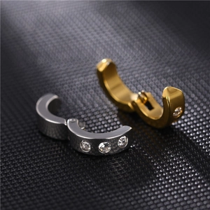Polished titanium steel men's hoop earrings with rhinestones in gold and silver finish