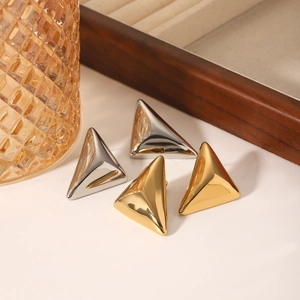 Minimalist 3D triangle stud earrings in polished gold and silver finish for women