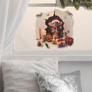 3D Christmas mouse wall decal with gift boxes and candles on a white windowsill