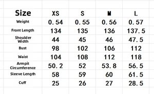 Detailed size chart for the wide-shoulder double-breasted jacquard long trench coat
