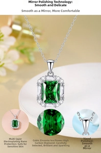 Close-up of emerald green cubic zirconia pendant with mirror-polished silver chain