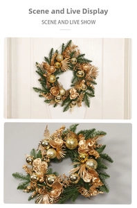 Detailed view of green Christmas wreath with gold balls and artificial orchid ornaments