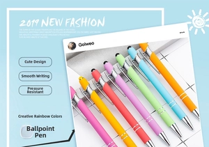 Set of 7 colorful retractable ballpoint pens with rubber stylus tips and metal clips