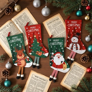 Set of 4 Christmas stockings with 3D long legs featuring Santa Snowman and Reindeer