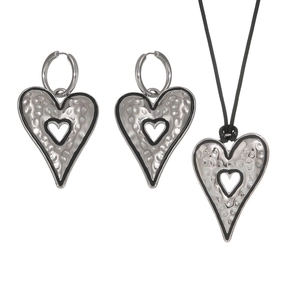 Silver heart jewelry set with hammered texture earrings and long black cord necklace