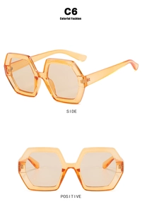 Front and side views of oversized hexagonal sunglasses in translucent amber orange