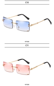 Detail of rimless square sunglasses featuring gradient lenses and gold metal temples