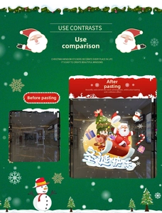 Before and after comparison of Christmas window static stickers with Santa and reindeer
