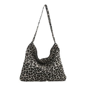 Large leopard print knit tote bag with matching shoulder strap in beige and black