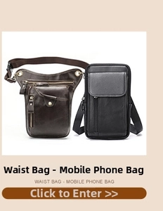 Close-up of a dark brown leather waist bag and a black vertical zip mobile phone pouch