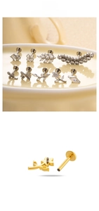 Vista dettagliata dei piercing labret in titanio G23 con fiori e filettatura interna