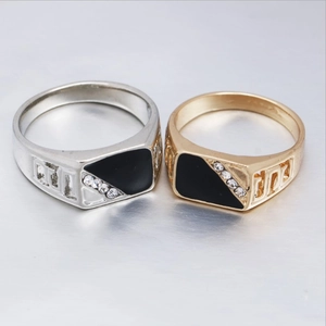 Square Stainless Steel Ring For Men Black Enamel Geometric Rhinestone Inlaid Vintage Hip Hop Style Polished Jewelry