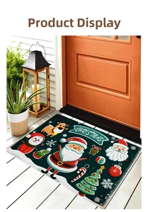 Outdoor festive porch setup with Christmas themed door mat featuring Santa and reindeer