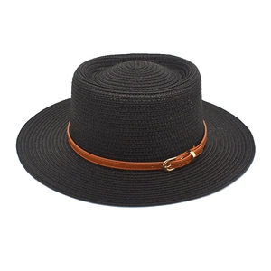 Eleganter schwarzer Strohhut für Damen mit braunem Gürtelband und goldener Schnalle