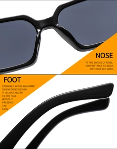 Detailed view of ergonomic nose pads and temples on minimalist black sunglasses