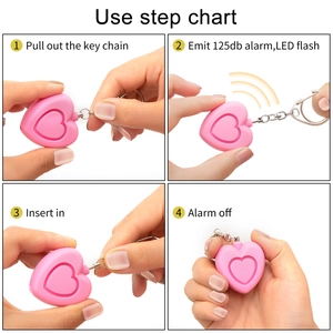 Four-step guide for pink heart personal security alarm with 125db sound and LED flash
