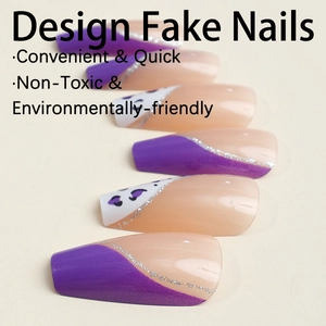 Purple leopard French press-on nails with silver glitter lines and pink color blocking