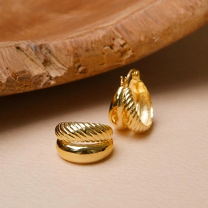 Detailed shot of golden dual-arc hoop earrings with smooth and twisted spiral textures
