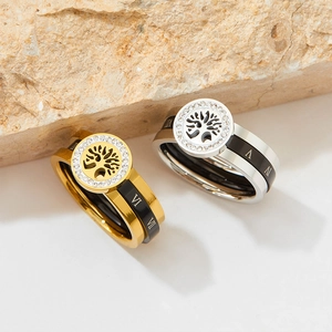 Stainless steel life tree ring with roman numerals in gold and silver finishes