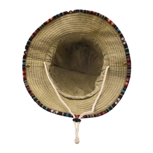Detail view of khaki bucket hat with ethnic woven band and corduroy lining