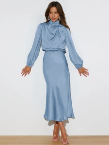 Elegant mist blue satin halter neck dress for women featuring a smooth glossy finish