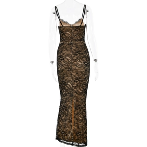 Detailed back view of sexy black lace dress with chain belt and high slit detail