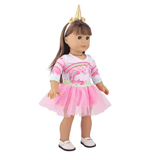 Ensemble robe en tulle licorne rose avec t-shirt arc-en-ciel pour poupées 18 pouces