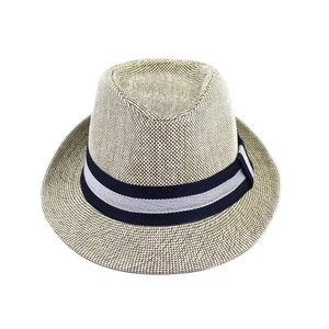 Classic straw fedora hat with blue and white striped ribbon for summer sun protection