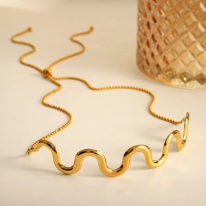 Wave Shape 18K Gold Plated Stainless Steel Adjustable Necklace Minimalist Geometric Trendy Jewelry For Women