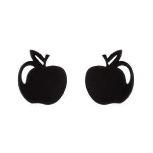 Minimalist black apple-shaped stainless steel stud earrings for women shown in a pair