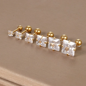 Gold stainless steel square cubic zirconia screw back stud earrings set in six sizes