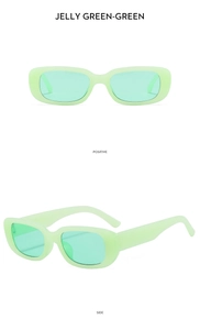 Front and side views of jelly green rectangular sunglasses with matching green lenses