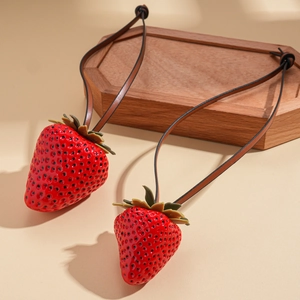 Unique strawberry pendant necklace with red resin fruit and brown leather cord