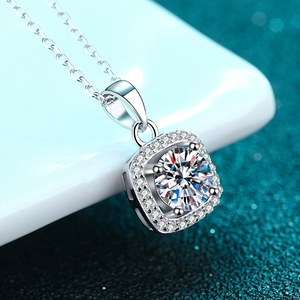 Elegant S925 sterling silver square halo necklace with a brilliant round moissanite stone
