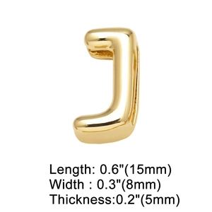 Detail view of a 15mm gold-plated letter J charm with polished mirror finish for DIY jewelry