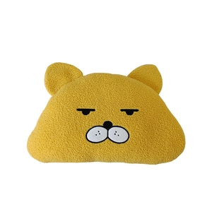 Cute yellow plush cat pillow in teddy velvet texture with a grumpy cartoon expression