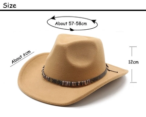 Detail view of khaki wool fedora with ethnic woven band and 8cm wide brim dimensions