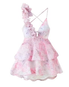 Detailed shot of 3D floral accent on a pink floral sundress with layered tulle skirt