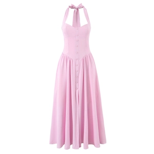Vestito Midi Halter Senza Schiena Con Bottoni Frontali Fiocco Linea A Poliestere Elegante Estate Sexy Donna