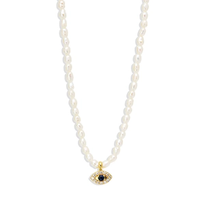 S925 silver pearl choker necklace with gold-plated evil eye pendant and blue zircon