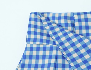 Detailed macro view of the classic blue and white checkered fabric with visible weave texture