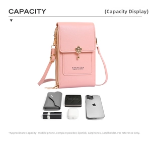 Pink lychee leather crossbody phone bag capacity showing phone, cards, and makeup items