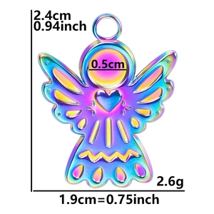 Macro detail of rainbow stainless steel angel pendant with size specs 2.4cm by 1.9cm