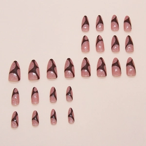 Glittering almond-shaped press-on nails with irregular brown pattern and light pink base