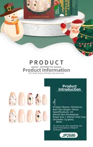 Detailed view of Christmas press-on nails featuring snowman and reindeer hand-painted art