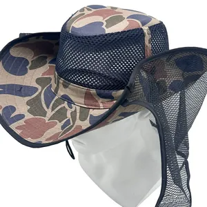 Detail of outdoor sun hat featuring camouflage print and breathable blue mesh panels