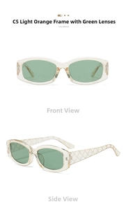 Detail of square sunglasses with light orange frames and embossed quilted temples